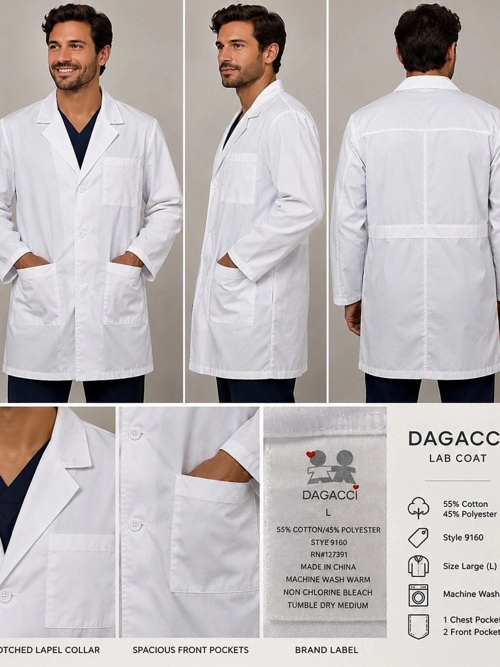 Dagacci Unisex Lab Coat Style 9160 White Size Large